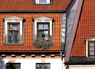 Obraz premium ventana florida sobre techo rojo