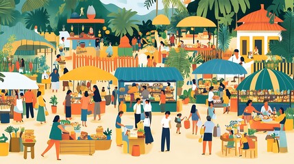 A vibrant outdoor market filled with vendors and shoppers, offering a diverse range of products.