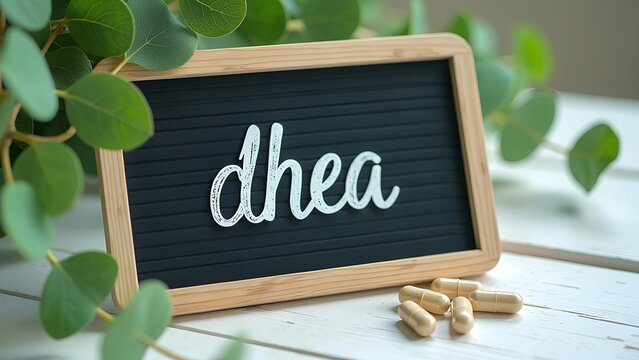  DHEA sign with capsules against greenery background.