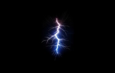 Obraz premium A single bolt of lightning with a blue and white glow strikes down in the center of the black canvas.