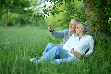 Portrait of senior couple sitting on the grass in the park