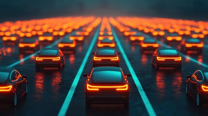 Obraz premium A futuristic scene of numerous cars lined up, glowing orange lights on a rainy road.