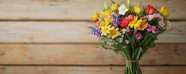 Vibrant bouquet of mixed wildflowers with space for text on the left, perfect for adding your own message.