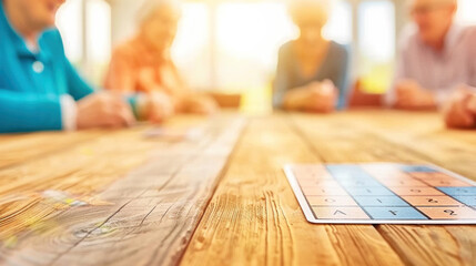 Senior group playing bingo at sunlit table in community center