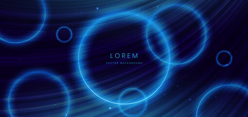 Blue neon circles frame overlapping on dark blue background. Futuristic technology concept.