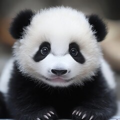 Fototapeta premium Cute baby panda looking curiously with big eyes and soft fur, embodying innocence and joy in the natural world.