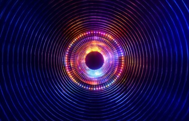 A glowing circle of bright lights, surrounded by concentric rings of blue light, against a dark background.