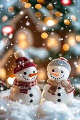 Obraz premium Two snowmen in red and gray hats with a blurred festive background