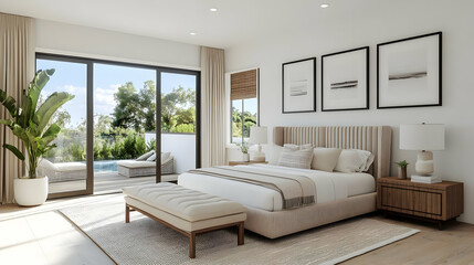 Modern bedroom with natural light and outdoor view.