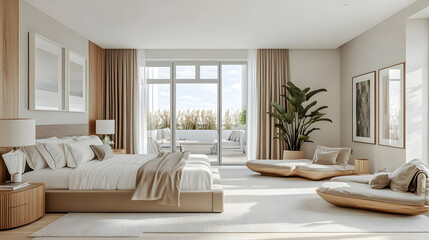 Modern bedroom with natural light and minimalist design.