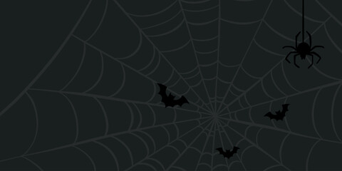Halloween spider web background with bats, scary night vector creepy cartoon banner design, dark