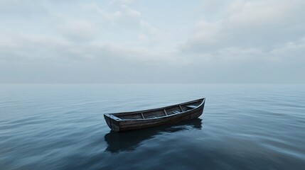 Naklejka premium A solitary wooden boat floats on calm, reflective waters under a soft sky, evoking a sense of peace and serenity in nature.