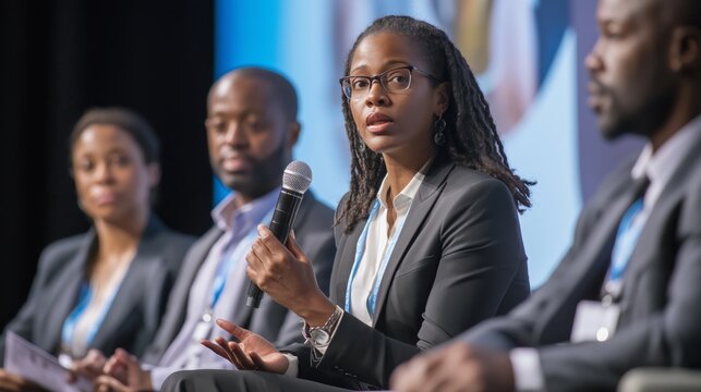 businesswoman speaking at a corporate panel with colleagues, leadership and executive discussion in conference setting. Professional leaders sharing insights on business strategy and industry trends