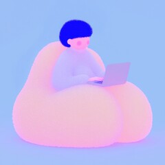 Futuristic 3D character sitting on a soft neon chair using a laptop in a minimalistic setting