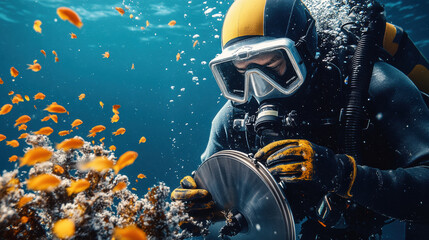 Diver in full underwater repair gear fixing ships part surrounded by vibrant coral and fish
