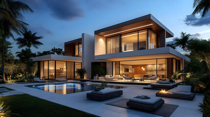 Modern luxury home with pool and outdoor seating at twilight.