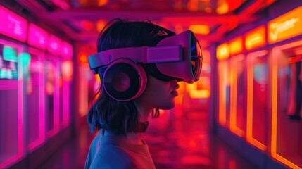 Woman experiencing virtual reality with headset in neon-lit corridor