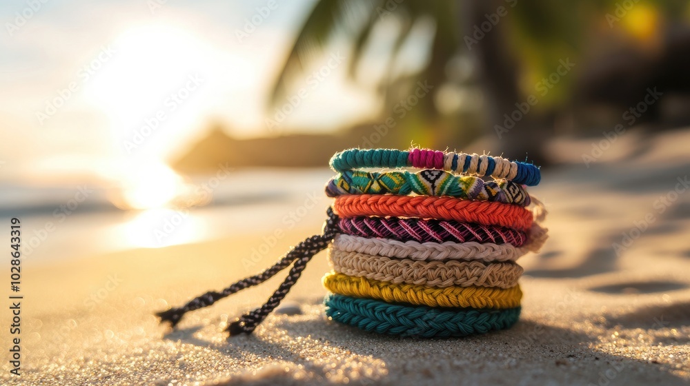 Wall mural a stack of friendship bracelets in different colors and patterns, tied together on a beachy, sunlit 