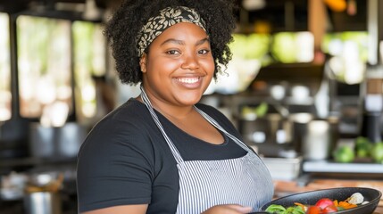 Smiling female chef holding plate of fresh vegetables in restaurant kitchen, embracing healthy cooking and culinary arts. African American woman preparing nutritious meals in professional setting