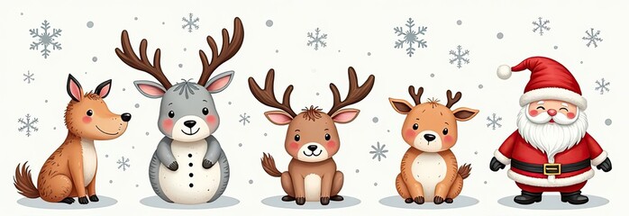 Christmas collection with cute animals: bear, fox, squirrel, bird, Santa Claus, Snowman and christmas decorative elements	
