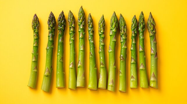 A row of cooked asparagus spears, isolated on a pale yellow background with abstract decorative lines