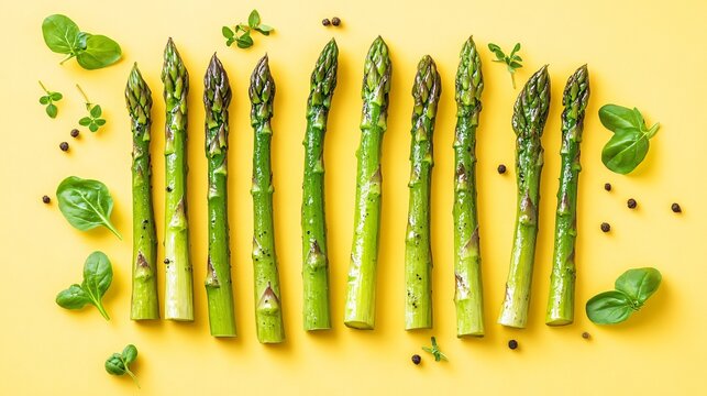 A row of cooked asparagus spears, isolated on a pale yellow background with abstract decorative lines