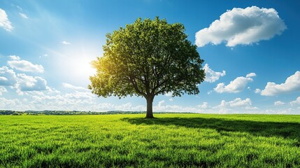 Fototapeta premium Solitary Tree in a Green Field under a Blue Sky
