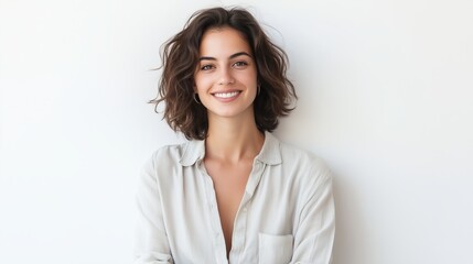 Obraz premium Young woman smiling confidently in a light shirt against a plain background during a bright and cheerful indoor setting