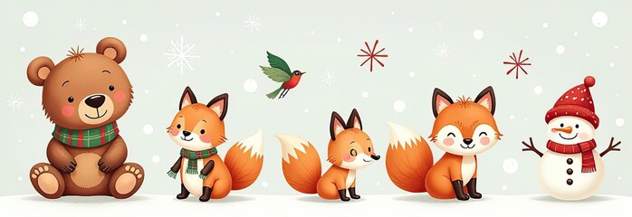 Christmas collection with cute animals: bear, fox, squirrel, bird, Santa Claus, Snowman and christmas decorative elements	
