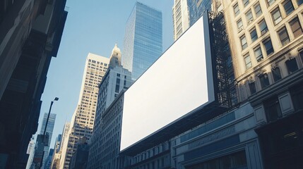 Fototapeta premium A large blank billboard stands prominently on a city street, surrounded by tall buildings under a clear blue sky. Ideal for advertising concepts.
