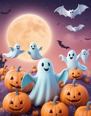 A friendly Halloween background with pastel hues, featuring adorable ghosts, pumpkins, and whimsical bats in a fun, playful design. Ideal for family-friendly or children's Halloween themes