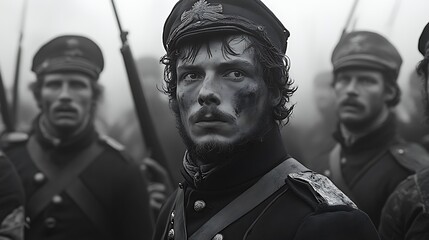 A young soldier in uniform with a serious expression, standing in a line with other soldiers, during wartime.