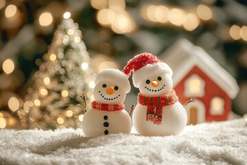 Obraz premium Two Snowmen in a Snowy Winter Scene with Christmas Lights