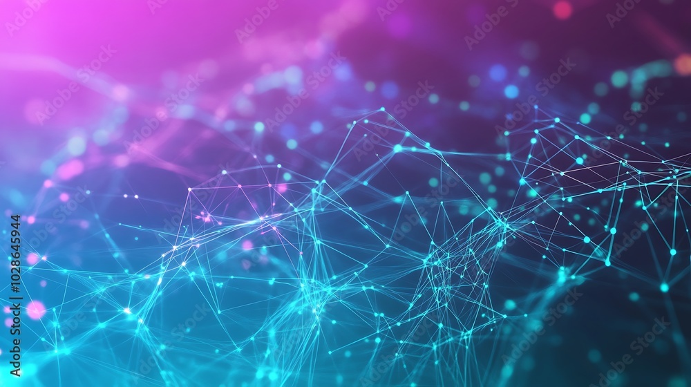 Poster Abstract background with blue and pink glowing particles connected by lines.