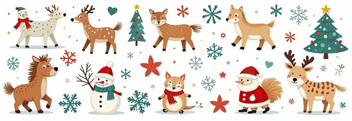 Christmas collection with cute animals: bear, fox, squirrel, bird, Santa Claus, Snowman and christmas decorative elements	
