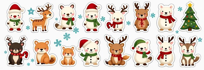 Obraz premium Christmas collection with cute animals: bear, fox, squirrel, bird, Santa Claus, Snowman and christmas decorative elements 