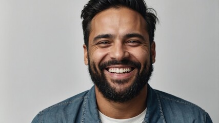 Obraz premium Joyful man with a beard smiles broadly against a neutral background, embodying warmth and friendliness in a casual portrait