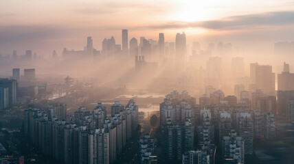 Fototapeta premium stunning city skyline at dawn, shrouded in mist and light