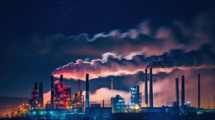 Industrial district at night with smoke and lights creating dramatic scene