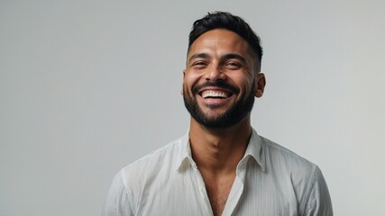 Fototapeta premium A smiling man in a light-colored shirt exudes joy against a neutral background in a studio setting