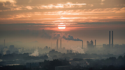 Fototapeta premium polluted city skyline during sunset, with smoke rising from factories
