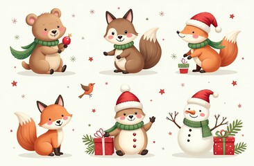 Christmas collection with cute animals: bear, fox, squirrel, bird, Santa Claus, Snowman and christmas decorative elements	

