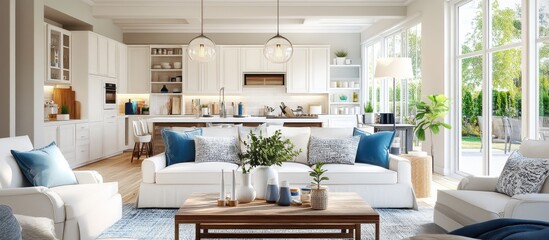 A sunlit, modern open-concept living area with white decor, blue accents, and wooden elements.