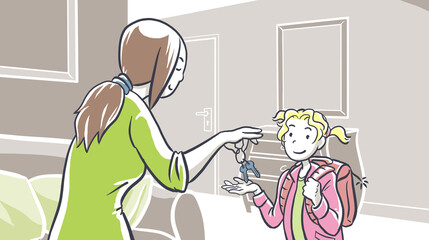 une jeune femme donne des clefs à sa fille