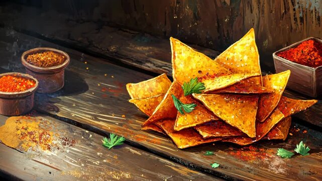 A plate of tortilla chips sits on a wooden table with bowls of spices