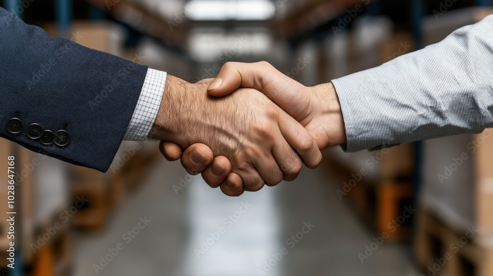 Wall mural close-up of a handshake between two men in formal attire in a blurred industrial or warehouse settin