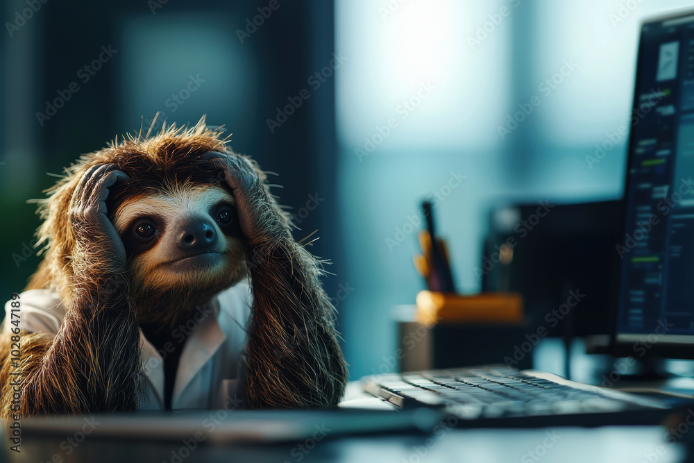 Fototapete a sloth in a white-collar shirt, a sloth in a lab coat stressed at a computer, showcasing the humoro