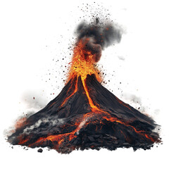An isolated volcano with lava spewing from its top, against a transparent background