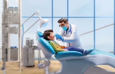 Obraz premium A cartoon doctor in a white coat and face mask examines the mouth of a cartoon patient in a dentist's chair.