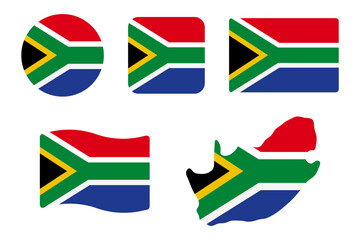 RSA flag symbols set. Green, white, black, yellow and red colors. Round, square, waving rectangle and South African map shape vector banner. Cape town symbol.